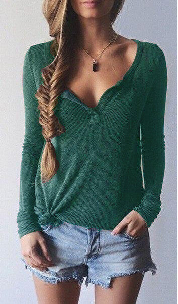 Ribbed Knit V-neck Pure Color Long Sleeves Sweater - May Your Fashion - 4