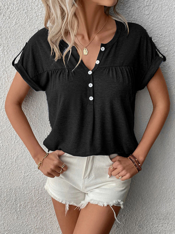 Felicia® | V-Neck Short Sleeve Solid Top with Buttons