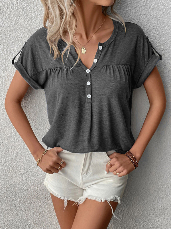 Felicia® | V-Neck Short Sleeve Solid Top with Buttons